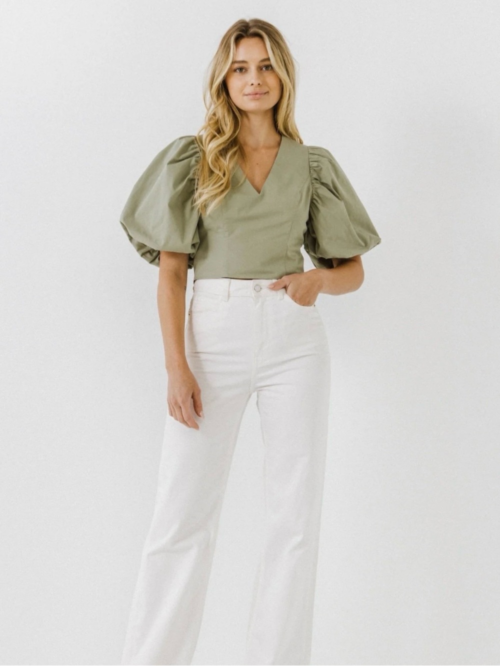 Endless Rose Sage Green Puff Sleeve V-Neck Top